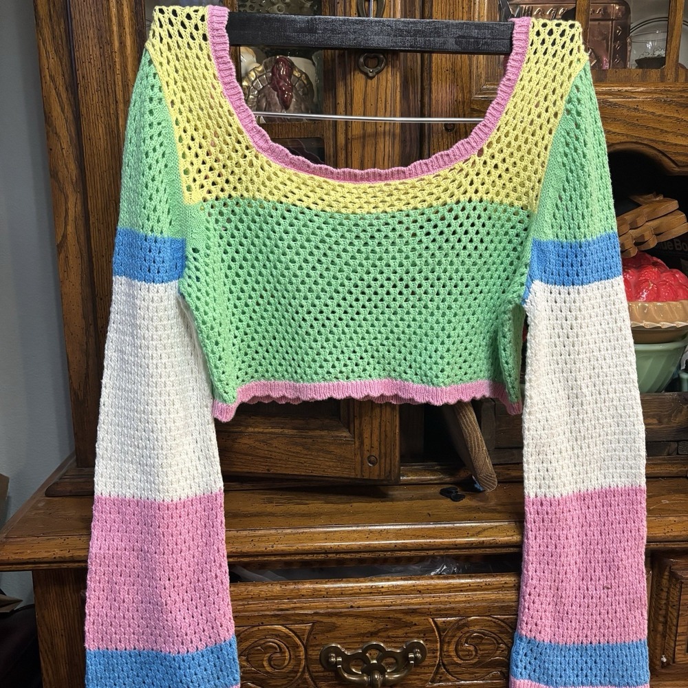 Sincerely, Jules Women's Boho Crochet Cropped Sweater Long Sleeves, Y2K Festival